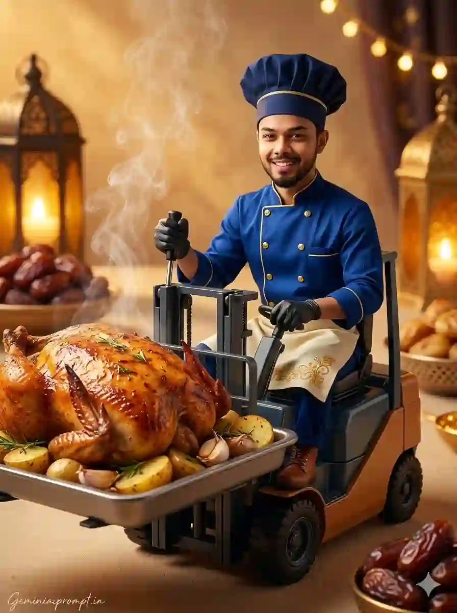 Ultra Creative Food Art AI Prompt – Mini Chef Driving Forklift With Giant Chicken Prompt